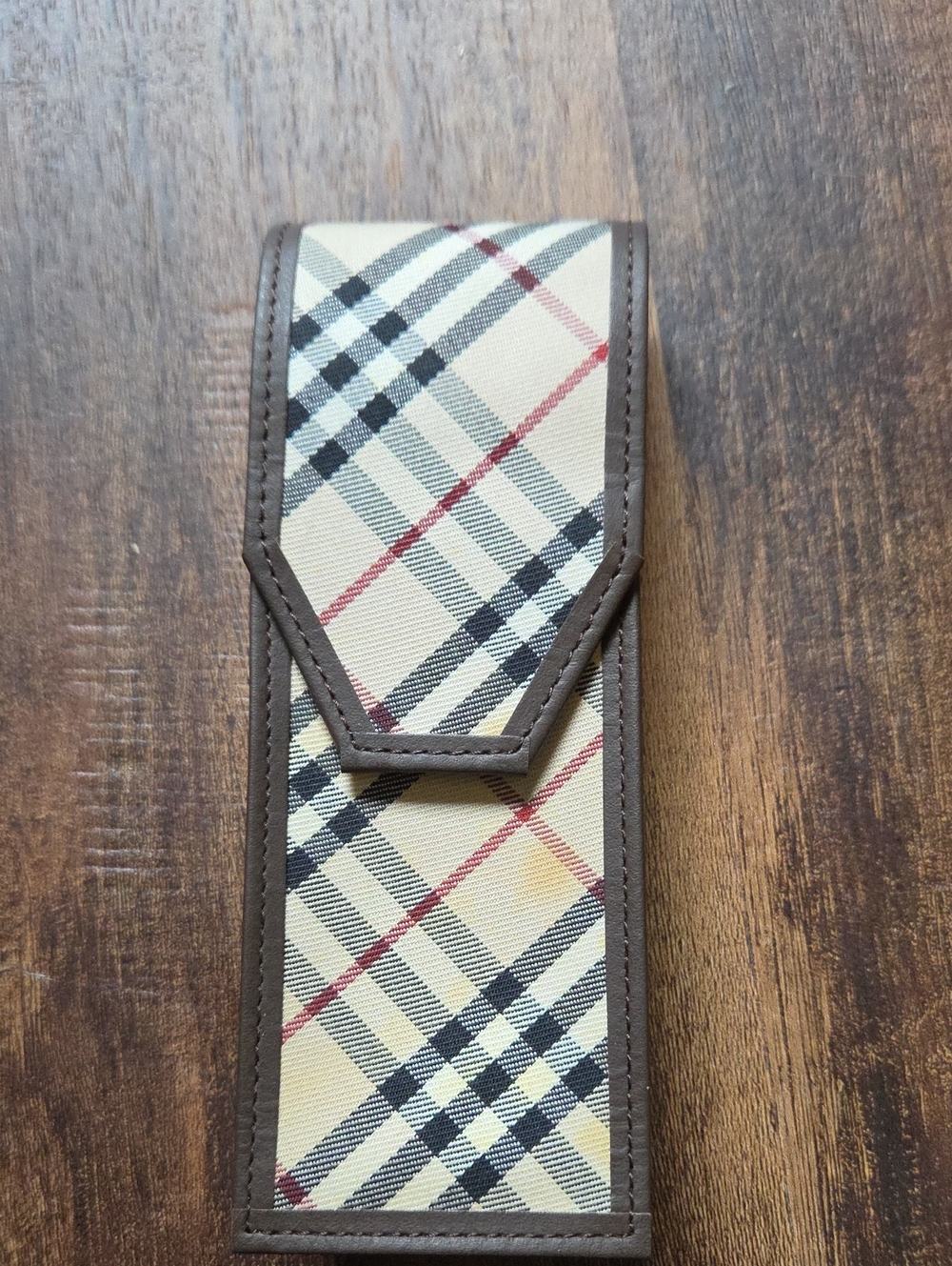 Burberry Beige Plaid Eyeglass holder/pen Holder with Brown Trim